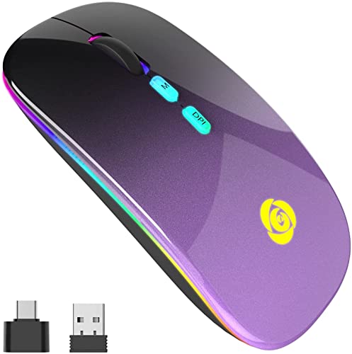 Bluetooth Mouse Senza Fili, Wireless Mouse con Ricevitore USB a 2.4GHz e Tipo C, Mouse Sottile 3 DPI 800/1200/1600 e 7 Colori Retroilluminazione, Mouse Muto Compatibile con iPad/ PC/ Mac/ Windows