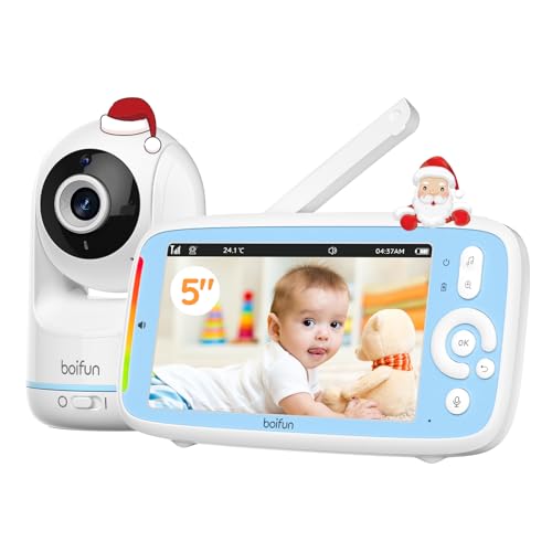 BOIFUN Baby Monitor Video, 360° Telecamera, Rilevamento del Suono, 720P IPS Schermo da 5.0 '', Per Bambini/Neonato Neonati, Modalità VOX, Notturna Visione, 3050 mAh Batteria Ricaricabile, Ninne Nanne