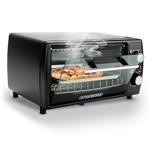 Mini forno, 1000 Watt, 10 litri, con teglia da forno e griglia, forno per pizza, 90° – 230° C, timer da 60 min, teglia per briciole apribile, mini forno
