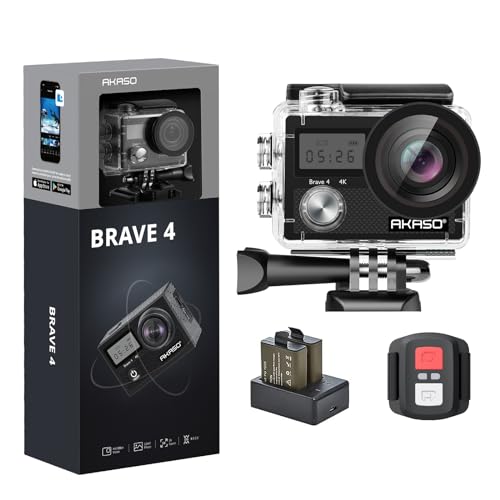 AKASO Brave 4 Action Cam - Fotocamera Subacquea 4K 20MP con Stabilizzatore EIS, Zoom 5X e Telecomando 2.4G, Videocamera Subacquea Impermeabile con Kit di Accessori e 2 Batterie