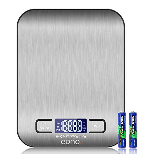 Amazon Brand – Eono Bilancia digitale da cucina, in acciaio inossidabile, pesa in grammi e once, 5 kg / 1 g, garanzia 15 anni