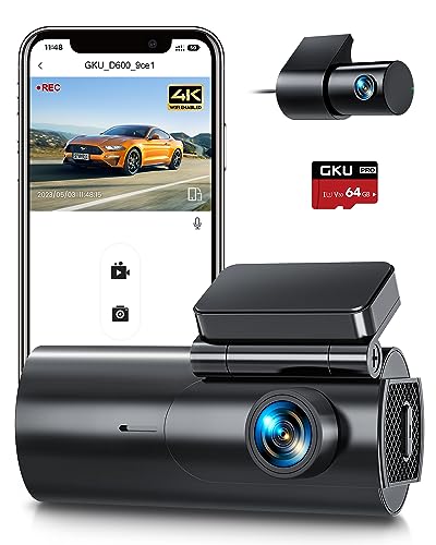 GKU Dash Cam Auto 4K/2.5K,Doppia Telecamera per Auto con Scheda SD 64G,WiFi Dashcam Auto,Super Visione Notturna,170° Grandangolo,G-Sensor,WDR,Registrazione in Loop,24H Monitor di Parcheggio,Max 256GB