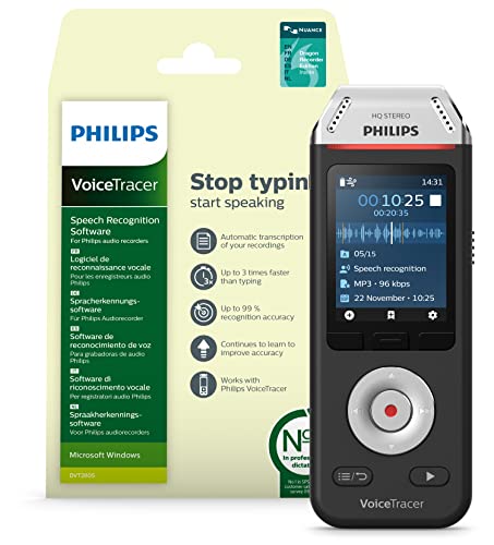 Philips Registratore audio VoiceTracer con software di riconoscimento vocale Dragon Speech Recognition per PC, usb - DVT2810