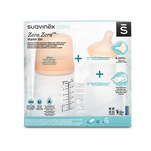 Suavinex - Kit Allattamento: 1 Biberon 180 ml flusso Adattabile + 1 ricambio tettarella, 1 sacchetto Anticolica