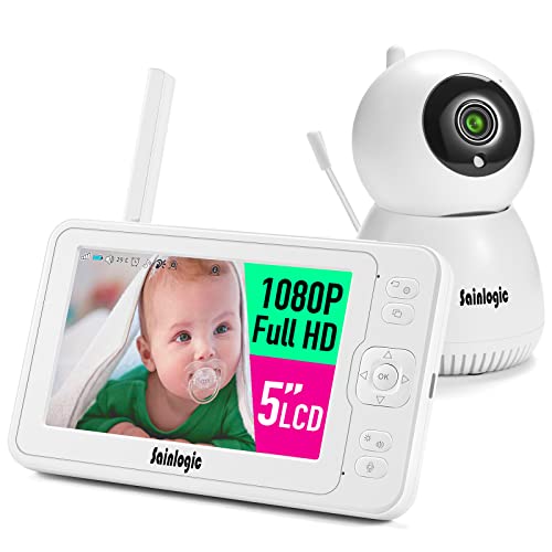 Sainlogic Video Babyphone con telecamera, Baby Monitor da interno, display LCD da 5 pollici 1080P FHD, vista giorno e notte, temperatura e allarme, citofono, bianco