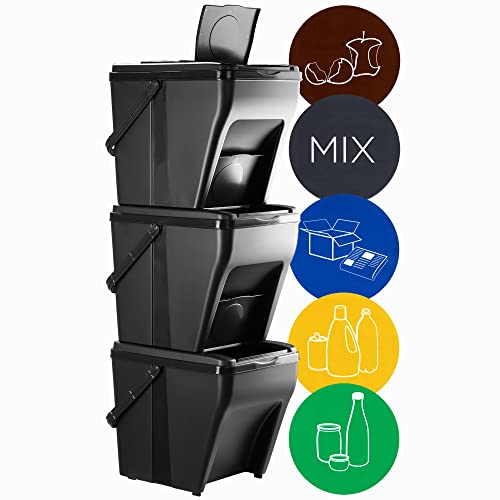 KADAX Sistema di raccolta differenziata dei rifiuti, pattumiera modulare in plastica, secchio di riciclaggio per la cucina e il bagno, scatola di smistamento, biometrico (3 x 25 l)