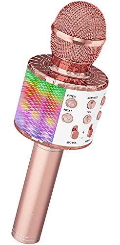 Ankuka Microfono Karaoke Microfono Bambini Bluetooth con Luci LED Bambini Regalo Giocattoli Bambini Microfono Cambia Voce Altoparlante con Funzione Eco, Compatibile con Android, iOS, PC Oro Rosa