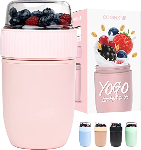 Coninx Porta Yogurt - Porta Yogurt Refrigerato - Contenitore Yogurt - Tazza di Yogurt per Gli Spostamenti - Sicuro per Lavastoviglie - Facile da Usare per Grandi e Piccini - Capacità 640 ml (Rosa