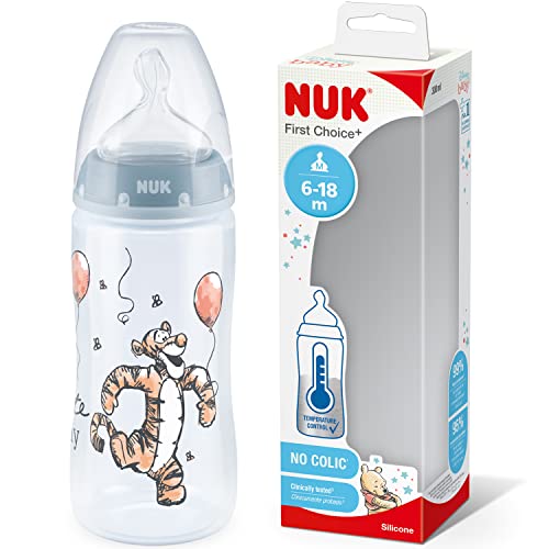 NUK First Choice+ Biberon, 0-6 Mesi, Controllo Temperatura, Sfiato Anti-Colica, senza BPA, Tettarella in Silicone, Disney Tigger, 300 Millilitri