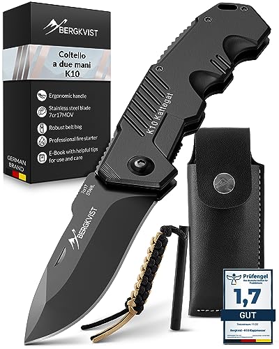 BERGKVIST® K10 coltello pieghevole (coltellino a due mani) - coltello da tasca con acciaio da fuoco inossidabile nero, acciaio da fuoco e custodia da cintura