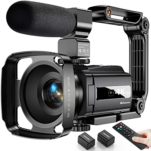 Videocamera 4K, 48MP WiFi Vlogging Camera, Videocamera con IR Visione Notturna 16X Zoom Digitale Videocamera 3' Touchscreen con Telecomando, Microfono, Stabilizzatore Portatile, Paraluce, 2 Batterie